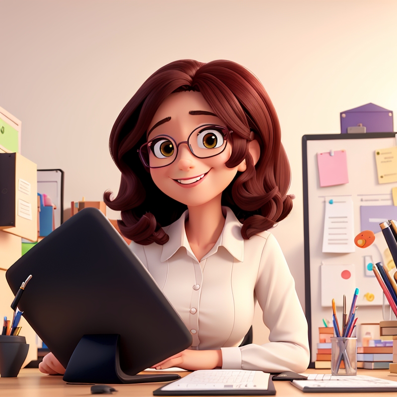 Mujer con media melena, gafas y lleva puesta una camisa. Está delante de un ordenador trabajando con una sonrisa