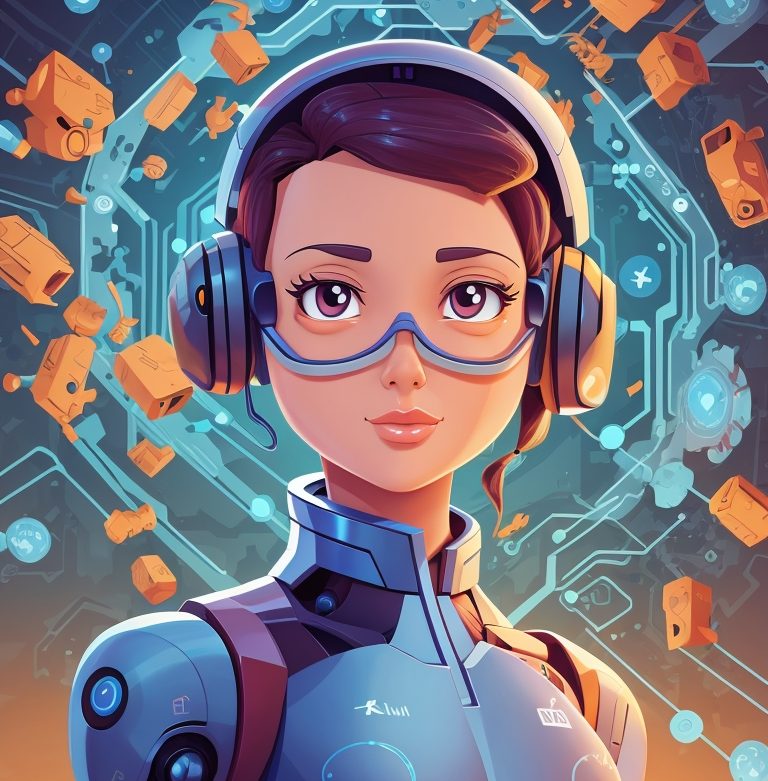 En esta imagen se observa a una mujer robot generada con Inteligencia Artificial. El pelo es de color marrón oscuro y con unos auriculares metálicos que le rodean las orejas. Su cuerpo es color gris. En el fondo se observa una especie de red neuronal con bloques marrones rodeándole