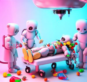 Robots operando con gominolas. Imagen llena de colores