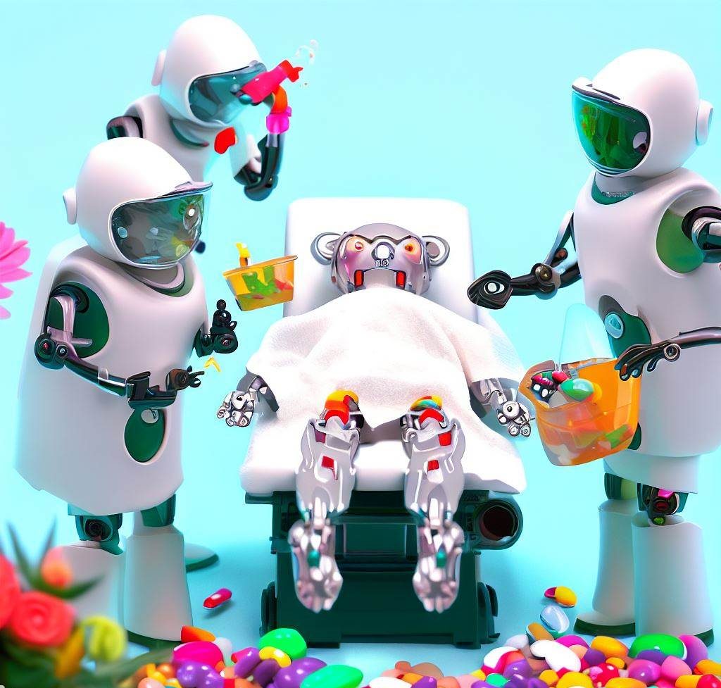 Robots operando a otro con forma de oso. Todos ellos están rodeados de gominolas coloridas. El fondo de la imagen es azul agua. Los robots son blancos