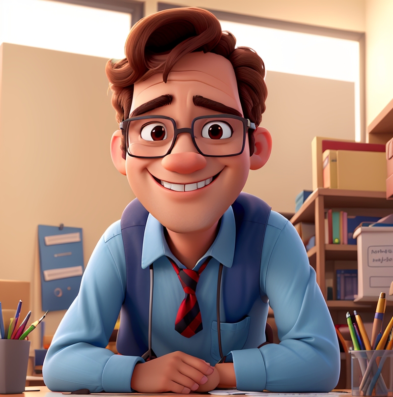 Hombre con gafas sonriendo con el pelo de color marrón. Está sentado y al fondo de la imagen se observa una oficina