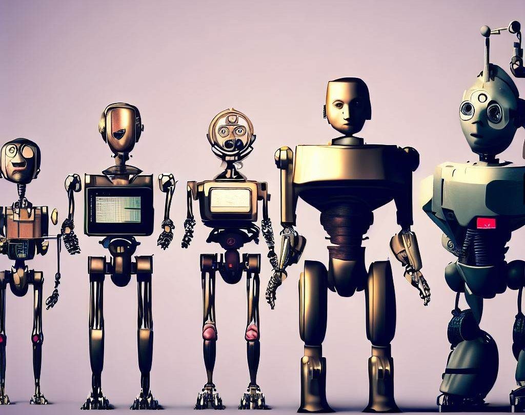 Robots que reflejan la historia de la Inteligencia Artificial. Van desde uno poco desarrollado hasta otro que lo está más. El fondo de la imagen es en tono rosa pastel