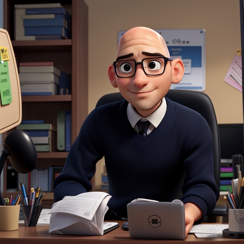 Diseño de un trabajador de oficina llevando una camisa azul. Es calvo y tiene unas gafas de color rojas. Sus manos están apoyadas encima de una mesa y está sonriendo