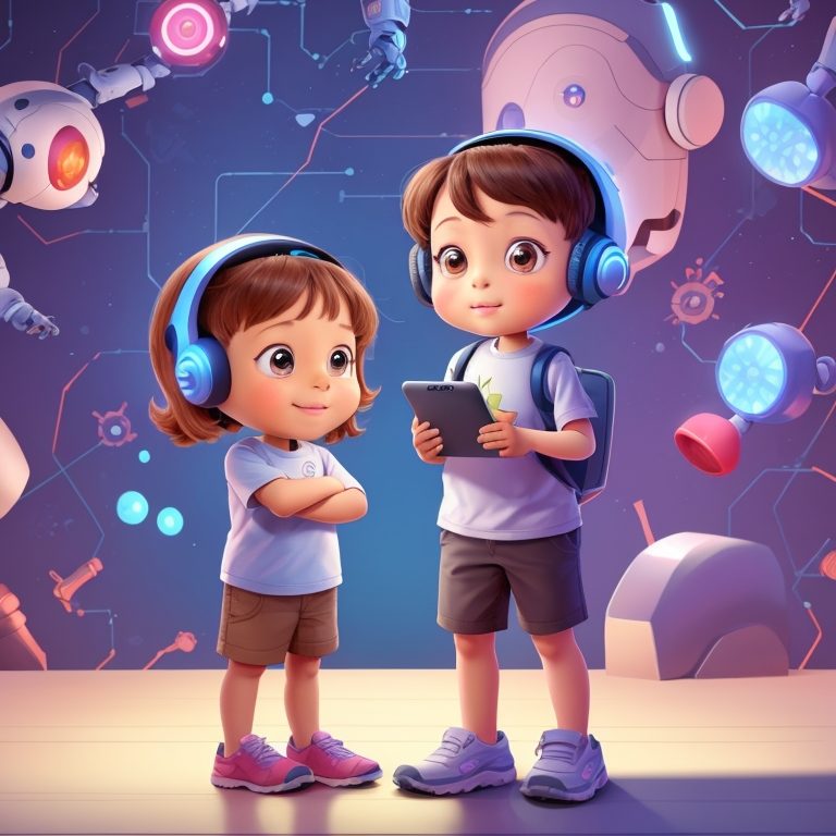 En esta imagen se observan a dos niños en primer plano sujetando el más alto un ipad. El mayor, también lleva una mochila en la espalda. Ambos niños llevan puestos unos cascos de diadema y van en pantalones cortos marrones y camiseta de manga corta blanca. Al fondo de la imagen se observan varios objetos con diferentes formas. 