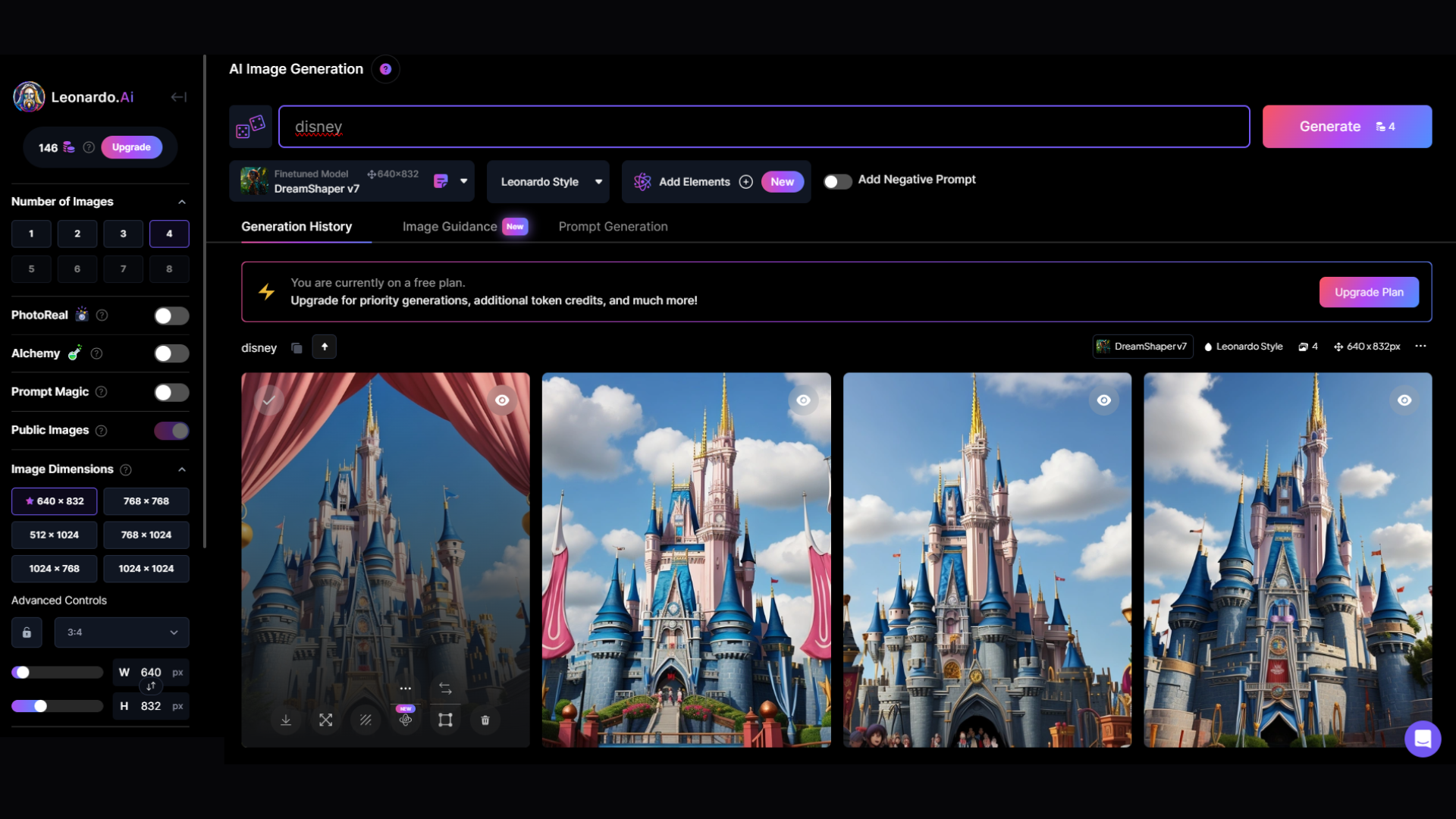 Aplicación de Leonardo IA, una herramienta de IA que se utiliza para la generación de imágenes. En esta captura de pantalla, se le ha pedido a la aplicación que genere 4 imágenes de Disney