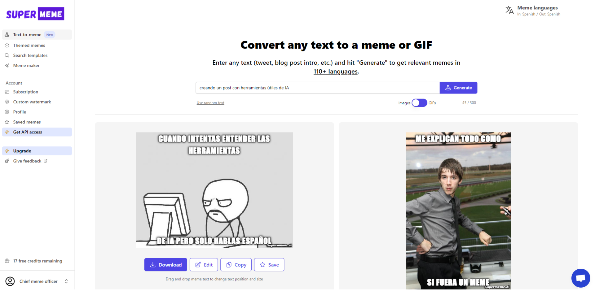 Esta imagen es una captura de pantalla de la aplicación supermeme.ia. El funcionamiento de esta herramienta está centrada en la generación de memes a partir de un prompt