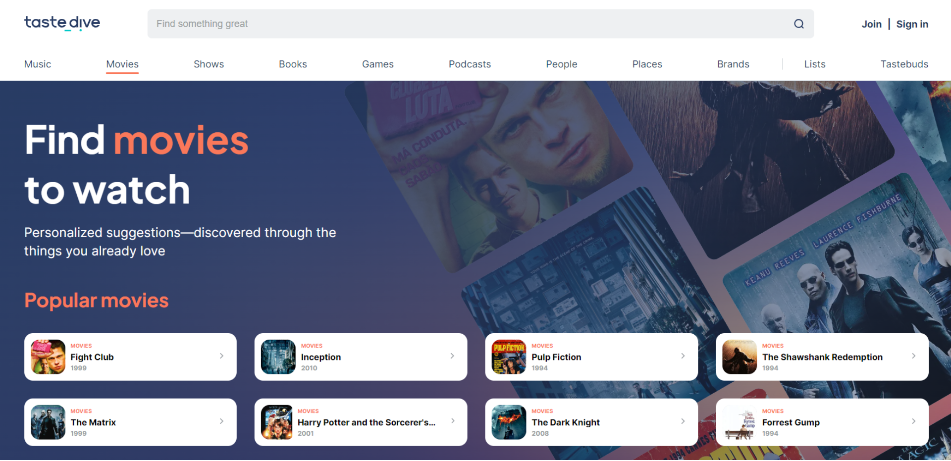 Esta imagen es una captura de pantalla de la herramienta TasteDive. Una aplicación que funciona con IA para la recomendación películas, música, lugares, libros, etc a los usuarios en función de sus gustos.