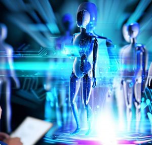 Imagen genera por Inteligencia Artificial en la que aparecen varios robots que están siendo supervisados por una persona humana que sujetada papeles en blanco. Los tonos predominantes en la imagen son los azules