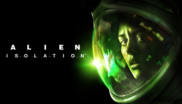Portada del videojuego Alien:Isolation. El fondo de la imagen es negro y en primer plano en la posición derecha aparece el rostro de una mujer con un casco de astronauta y una luz verde de fondo
