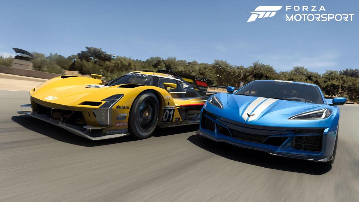 Imagen del videojuego Forza Motorsport. En esta fotografía aparecen dos coches de carreras, uno amarillo y uno azul compitiendo. Los coches están circulando por una carretera con asfalto y el cielo es azul sin nubes
