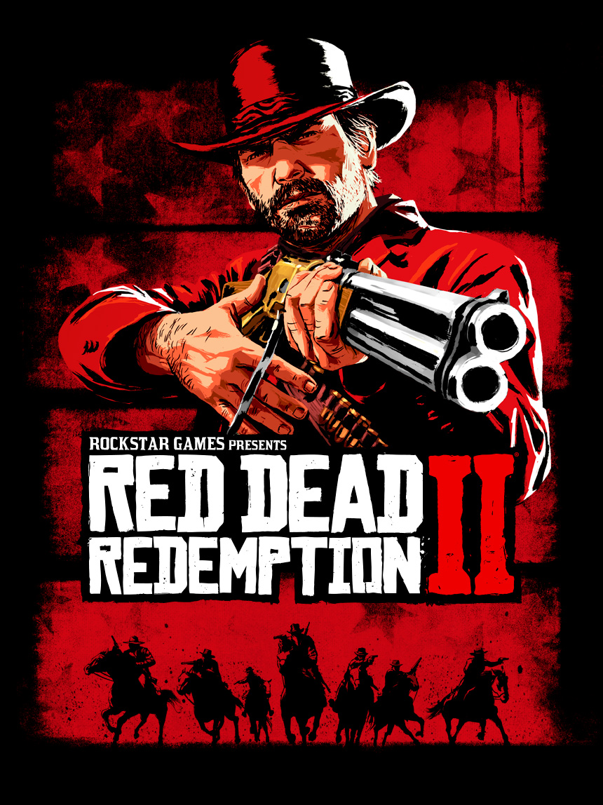 Portada del videojuego Red Dead Redemption II. Predominan los colores rojos y negros en la imagen. Aparece el título de juego en letras grandes y por encima del título un señor con aspecto de vaquero sujetando un arma. 