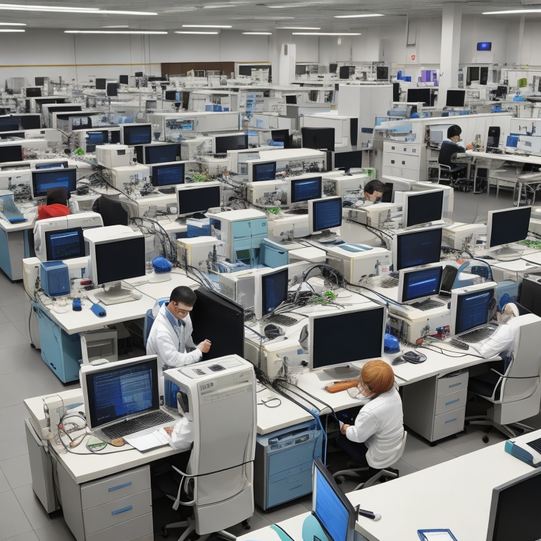 Gente investigando sobre los modelos de aprendizaje automático. En la habitación hay un gran volumen de ordenadores y algunas personas trabajando en ellos