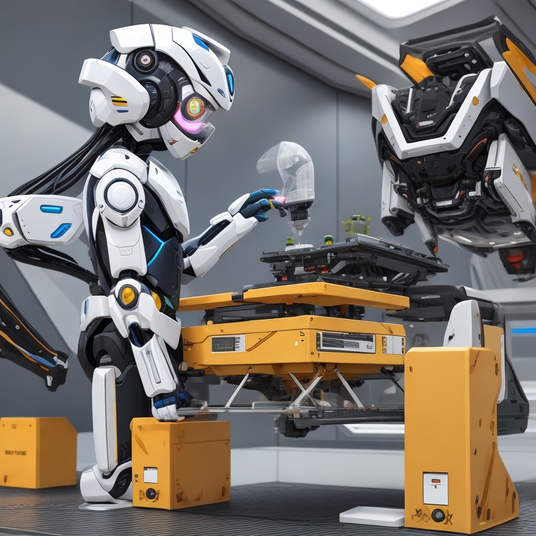 Esta imagen representa la IA de DeepMind investigando y descubriendo nuevos materiales. En la imagen se observan dos robots, uno ambos blancos y con algunas partes negras. Ambos están trabajando sobre una mesa de color amarilla.