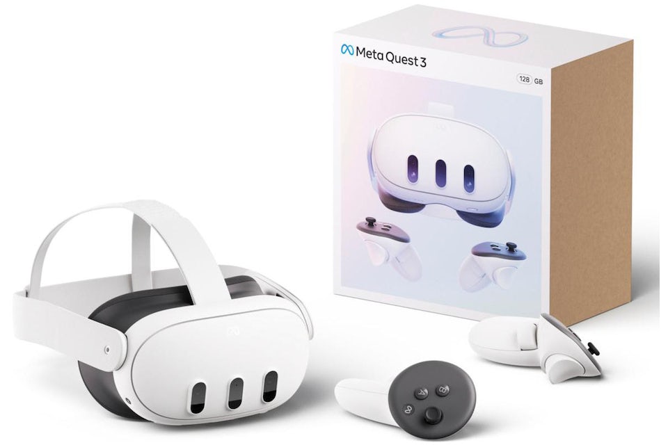 Quest 3, las gafas de AR de Meta. Aparecen las gafas con los mandos y su caja de fondo