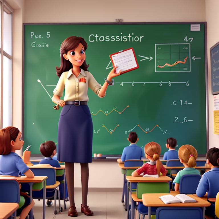 Profesora explicando estadística en la pizarra. Representación de Análisis Estadístico Básico. En el aula hay alumnos que la mayor parte llevan un jersey azul. La profesora viste una falda por la rodilla azul marino y una camisa amarilla. La pizarra del fondo está escrita con estadística y ocupa casi toda la pared.