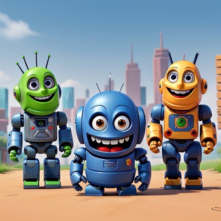 Robots riéndose. En esta imagen aparecen tres robots. El primero de cuerpo verde, el robot del medio es un poco más bajito que los otros dos y es de color azul. El tercero de ellos es de color naranja. Todos los robots están sonriendo y al fondo de la imagen se observan unos edificios que simulan una ciudad