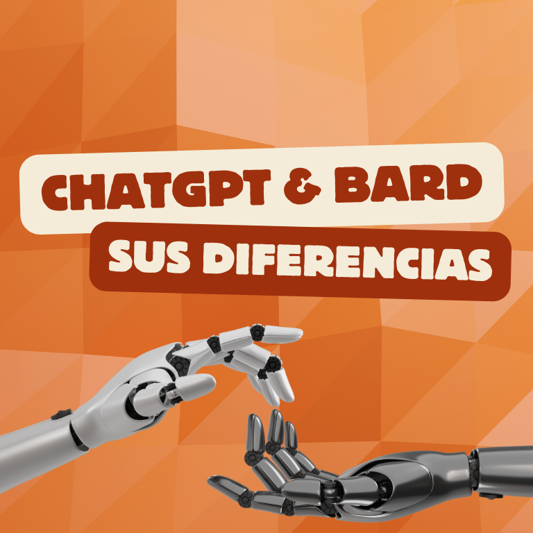 fondo en 3d de color naranja y escrito aparece diferencias entre chatgpt y barden color granate y beige