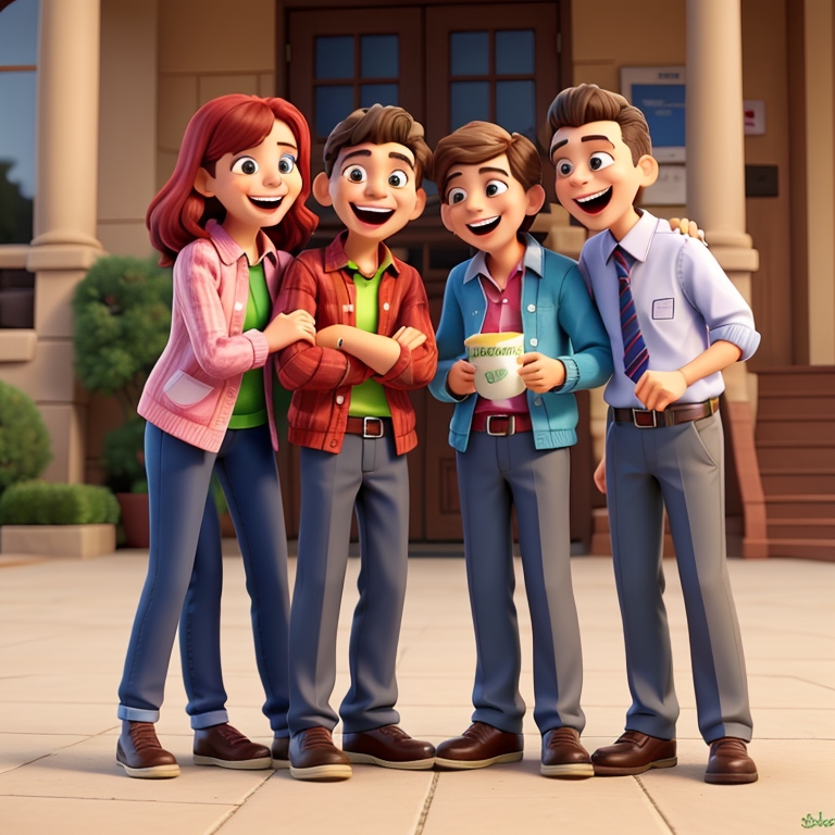 Grupo de cuatro jóvenes riéndose al ver qué pueden hacer con lo que le contamos en el post de hoy sobre humor con ia. Los cuatro jóvenes que aparecen en la imagen llevan pantalones vaqueros grises y camisa. En el fondo de la imagen se aprecia un edificio de piedra marrón